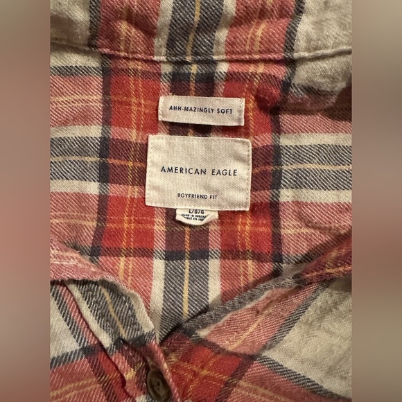 American Eagle Women Boyfriend Fit Long Sleeve Orange/Cream Plaid Flannel Large - Picture 7 of 11